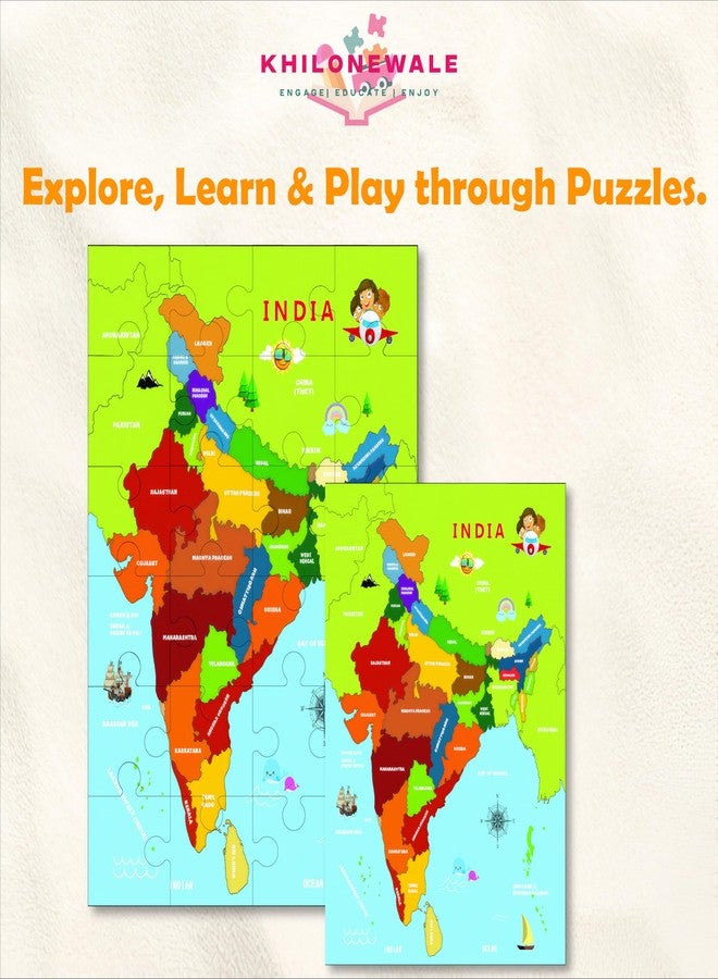 Khilonewale Combo of Wooden India Map & World Map Jigsaw Puzzles - 24-Piece Educational Geography Puzzle Toy for Kids, Toddlers & Preschoolers - Image 5